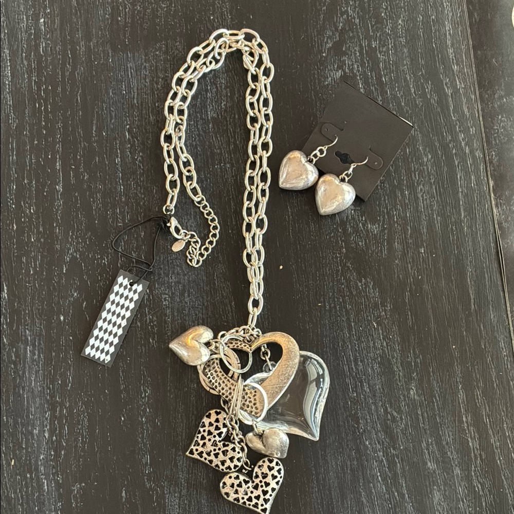 Silver Heart Charm Necklace and Earring Set NWT